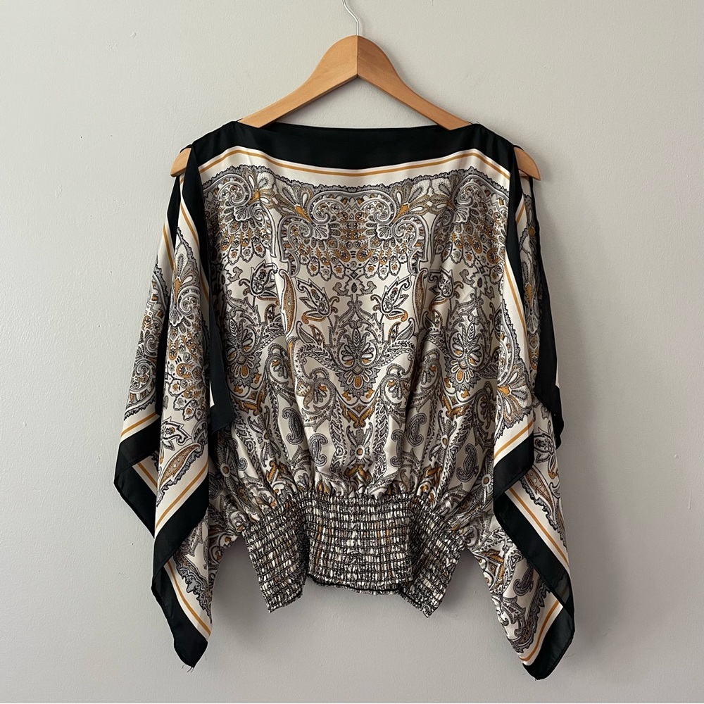 Max Studio Handkerchief Smocked Bohemian Paisley Top Size XS Gold Black